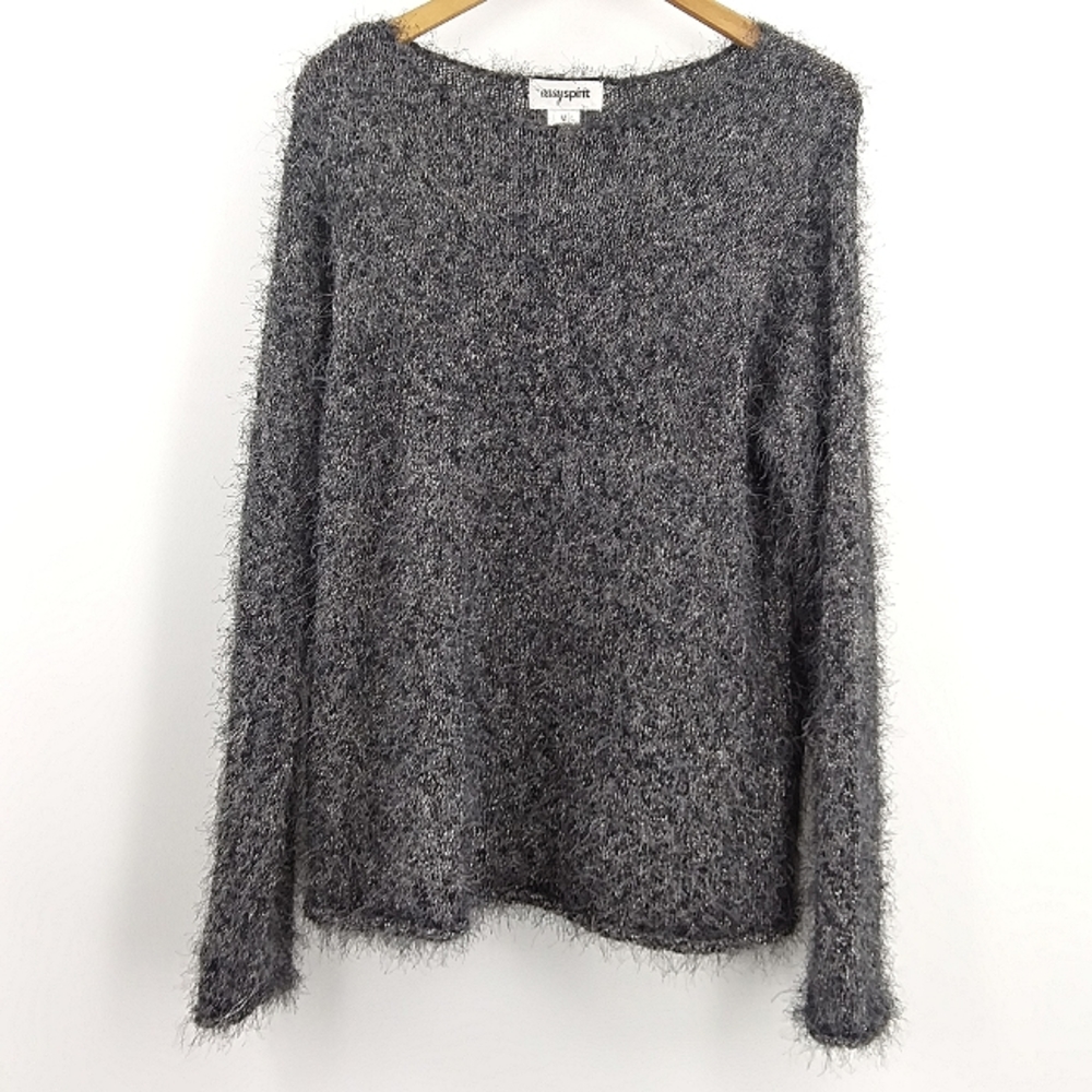 Vintage Easy Spirit Fuzzy Sweater Women's M Gray Silver Metallic Fairy Grunge